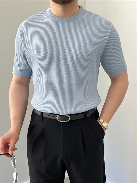 Bisiklet Yaka Örgü .Desen Triko Tshirt Bebe Mavi