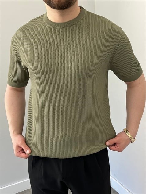 Bisiklet Yaka Örgü .Desen Triko Tshirt Haki Yeşil