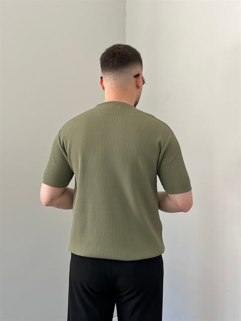 Bisiklet Yaka Örgü .Desen Triko Tshirt Haki Yeşil