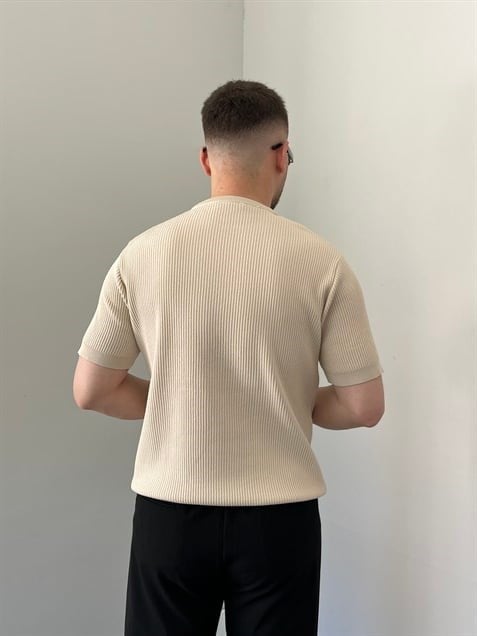 Bisiklet Yaka Örgü .Desen Triko Tshirt Krem