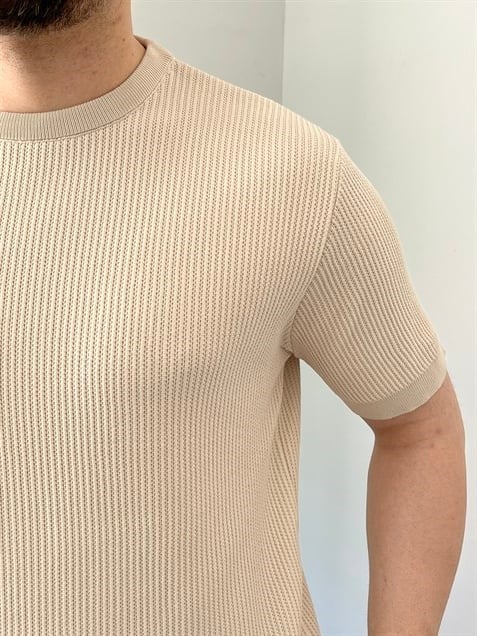Bisiklet Yaka Örgü .Desen Triko Tshirt Krem