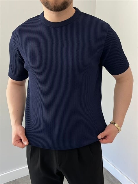 Bisiklet Yaka Örgü .Desen Triko Tshirt Lacivert