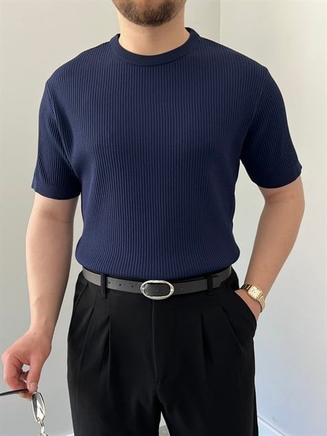 Bisiklet Yaka Örgü .Desen Triko Tshirt Lacivert