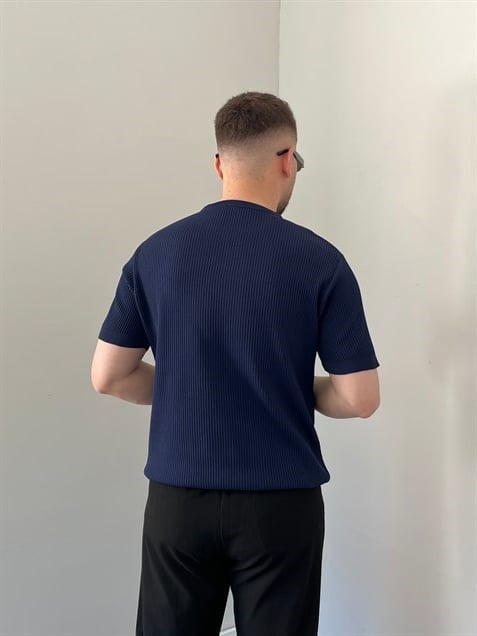 Bisiklet Yaka Örgü .Desen Triko Tshirt Lacivert