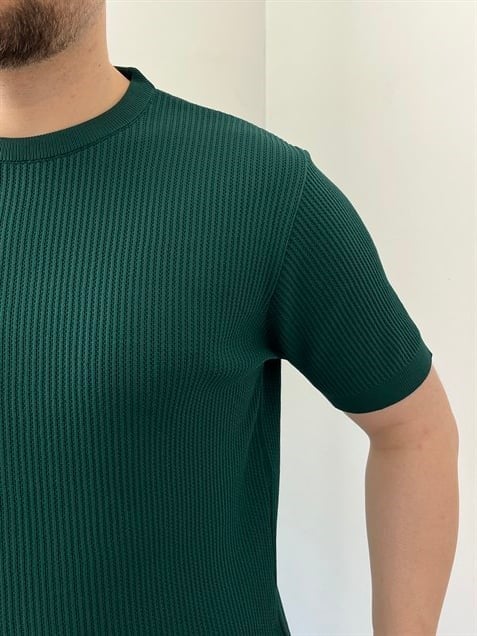 Bisiklet Yaka Örgü .Desen Triko Tshirt Zümrüt Yeşili