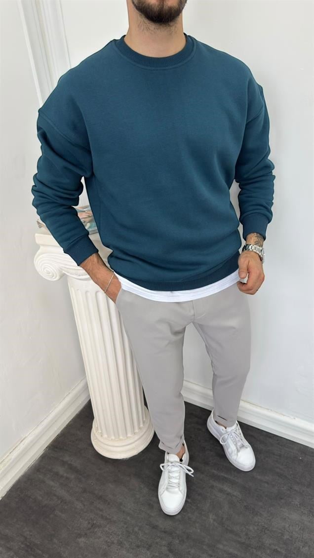 Bisiklet Yaka Üç İplik Şardonlu Sweatshirt Mavi