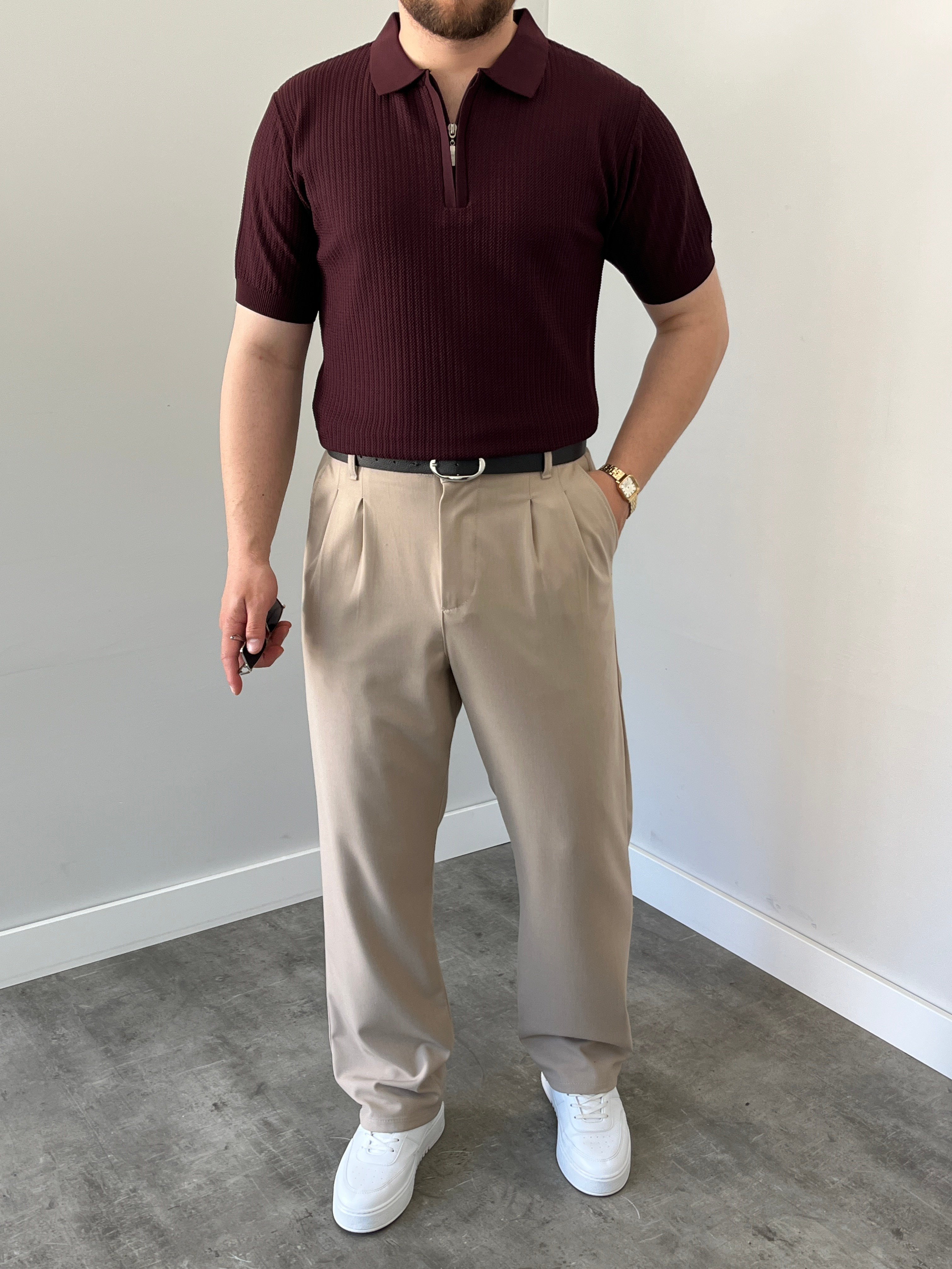 Bordo  Fermuarlı Triko Polo Tişört 