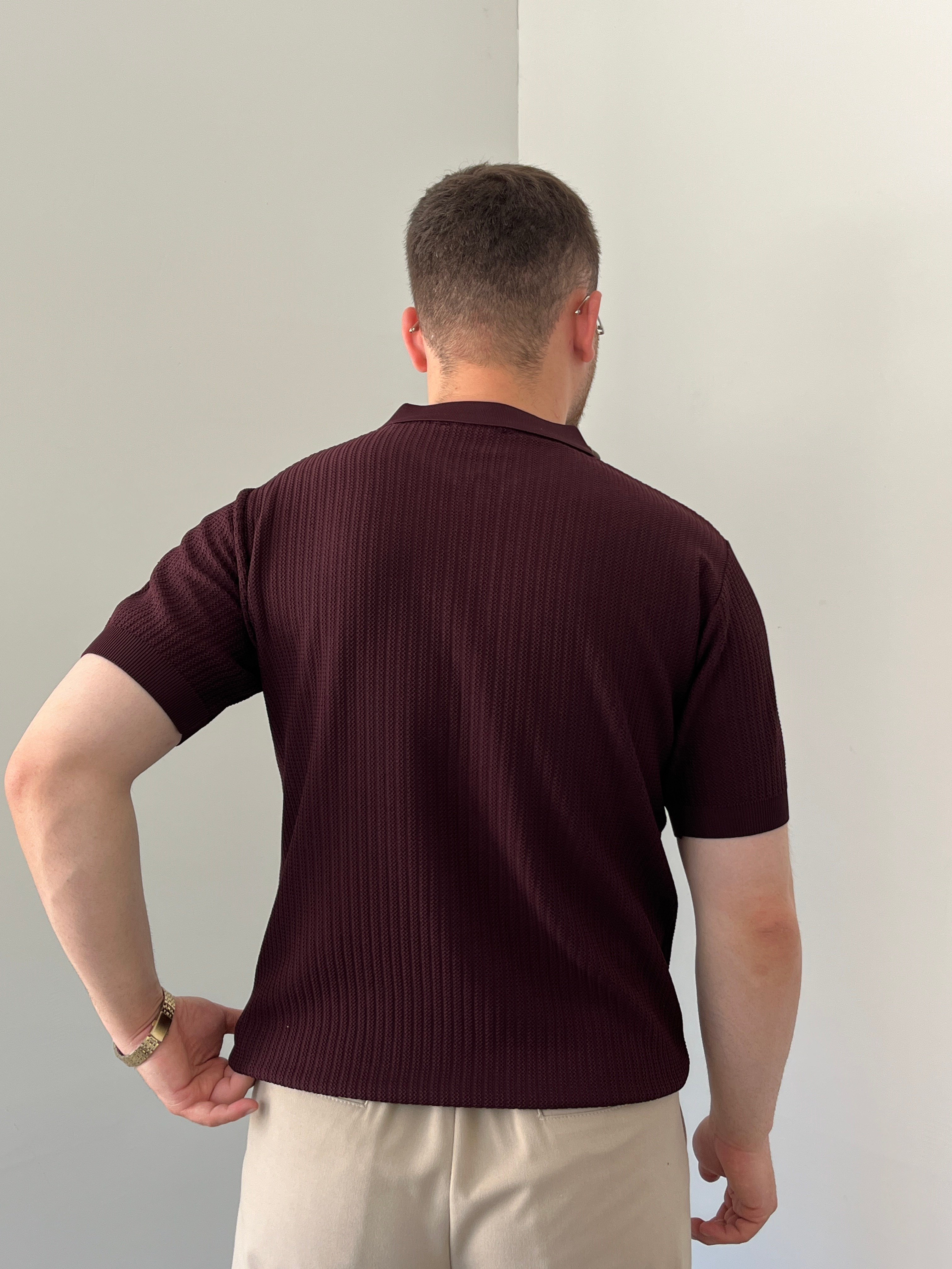 Bordo  Fermuarlı Triko Polo Tişört 