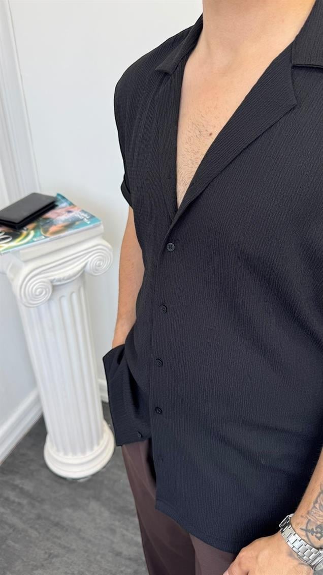 Bürümcük Kumaş Kısa Kol Gömlek Siyah