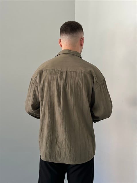 Çizgili Oversize Gömlek Haki Yeşil