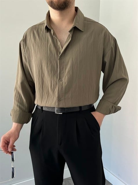Çizgili Oversize Gömlek Haki Yeşil
