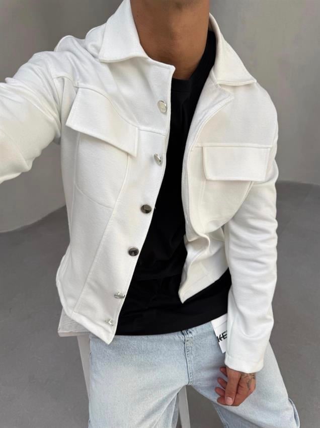Crop Kaşe Ceket Beyaz