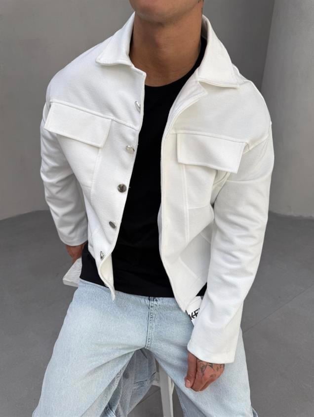 Crop Kaşe Ceket Beyaz