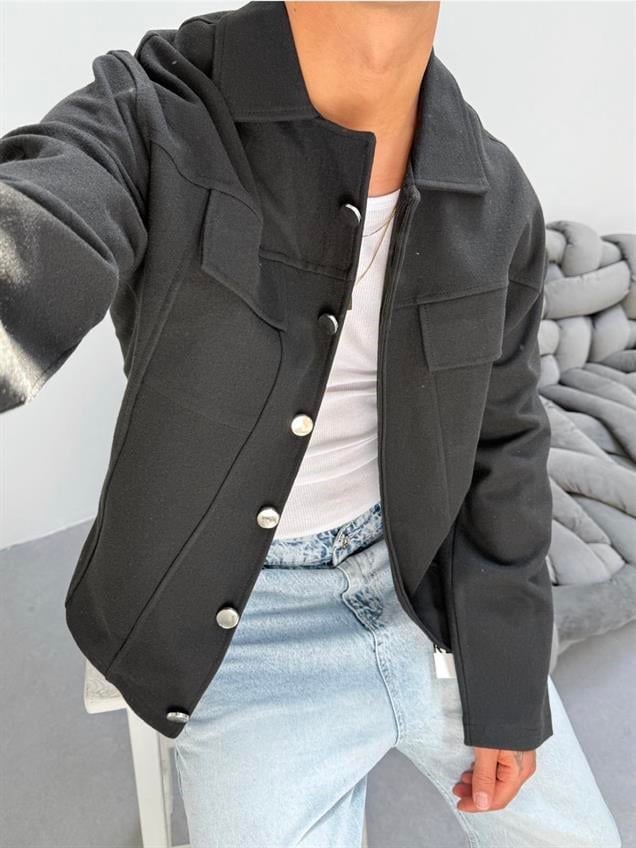 Crop Kaşe Ceket Siyah