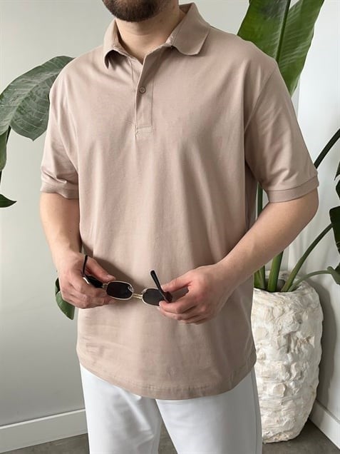 Düz Renk Polo Yaka  Krem Tişört