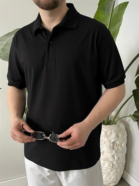 Düz Renk Polo Yaka  Siyah Tişört