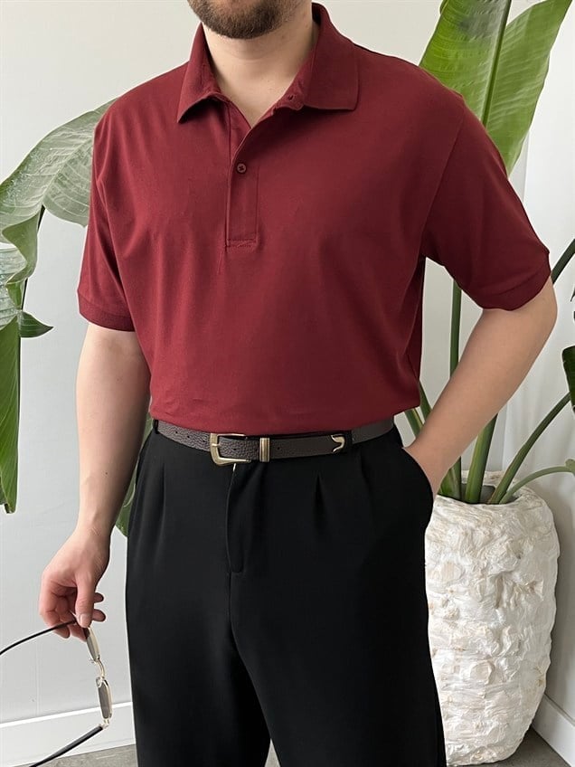 Düz Renk Polo Yaka Bordo Tişört