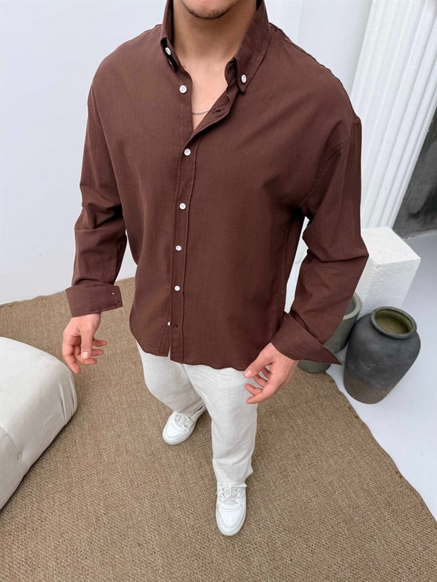 Fresh Keten Oversize Gömlek Kahve
