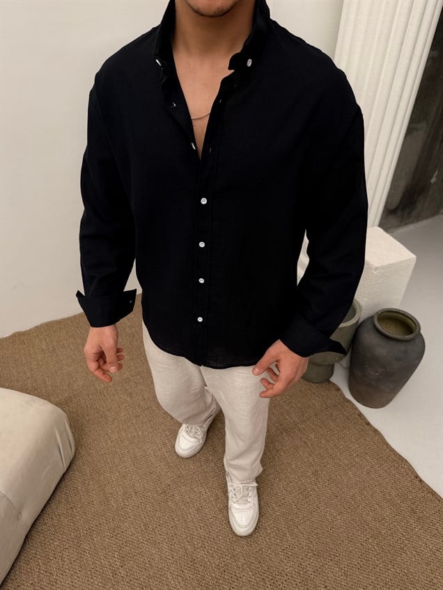 Fresh Keten Oversize Gömlek Siyah