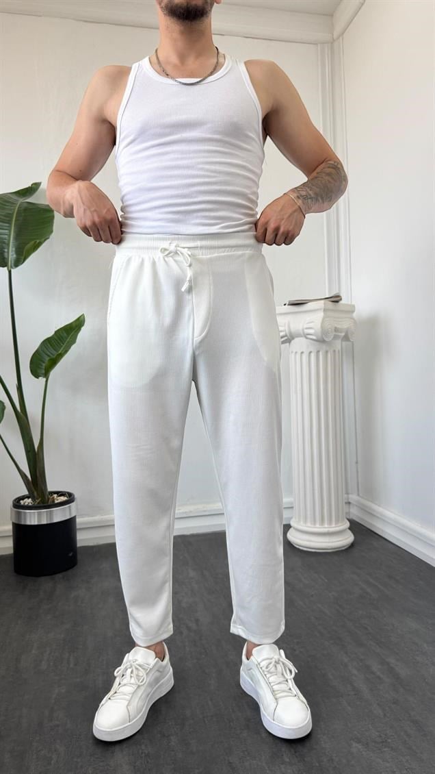 İnce Fitilli Boyfriend Jogger Beyaz