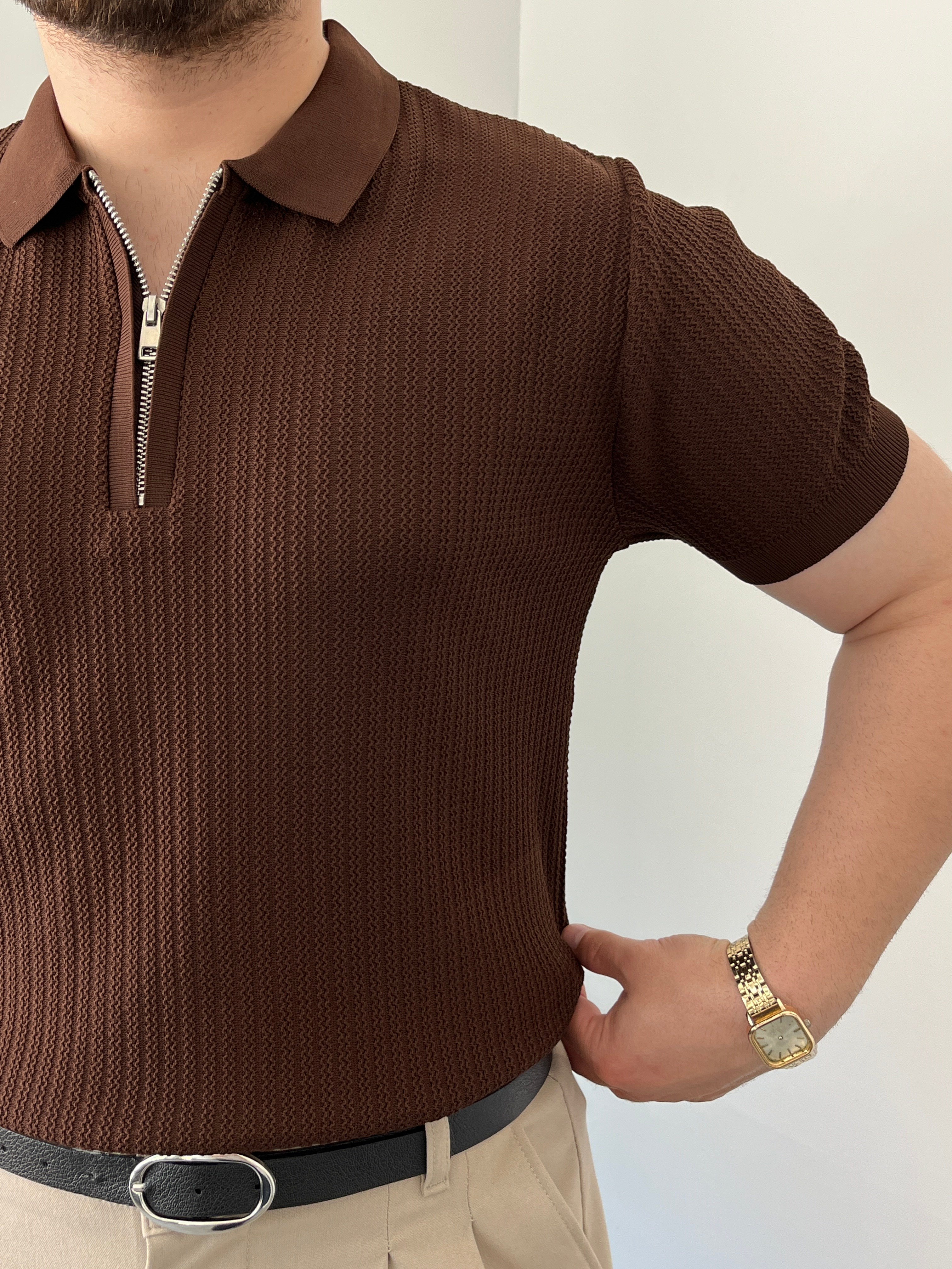 Kahverengi   Fermuarlı Triko Polo Tişört 
