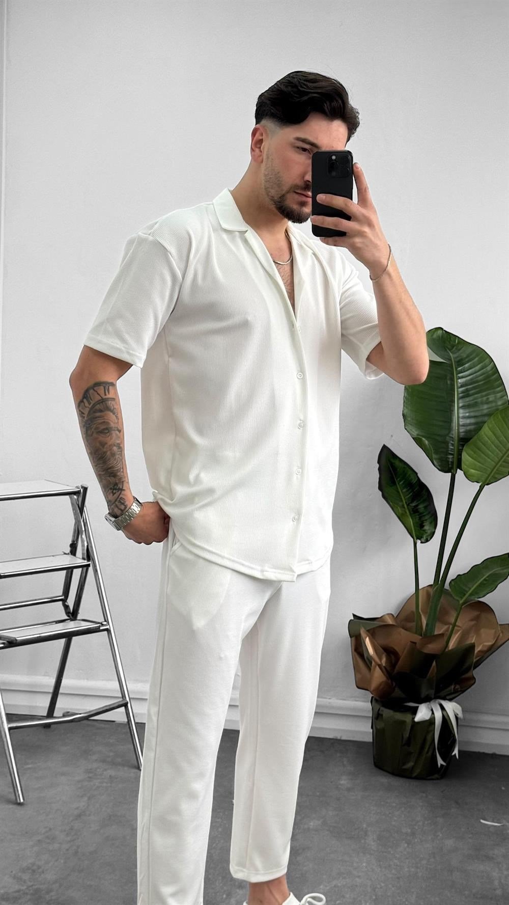Keps Kısa Kol Gömlekli Boyfriend Takım Beyaz