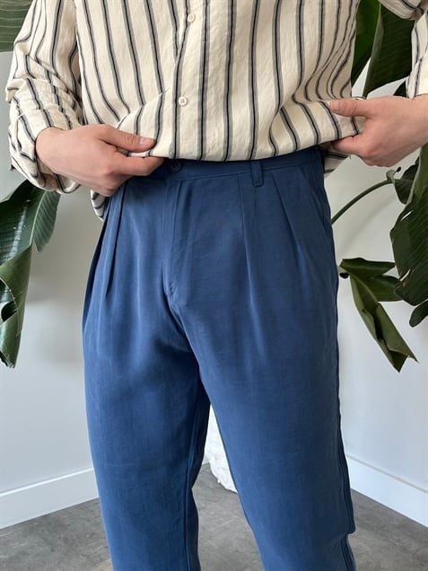 Keps Tensel Kumaş Boyfriend Pantolon Mavi
