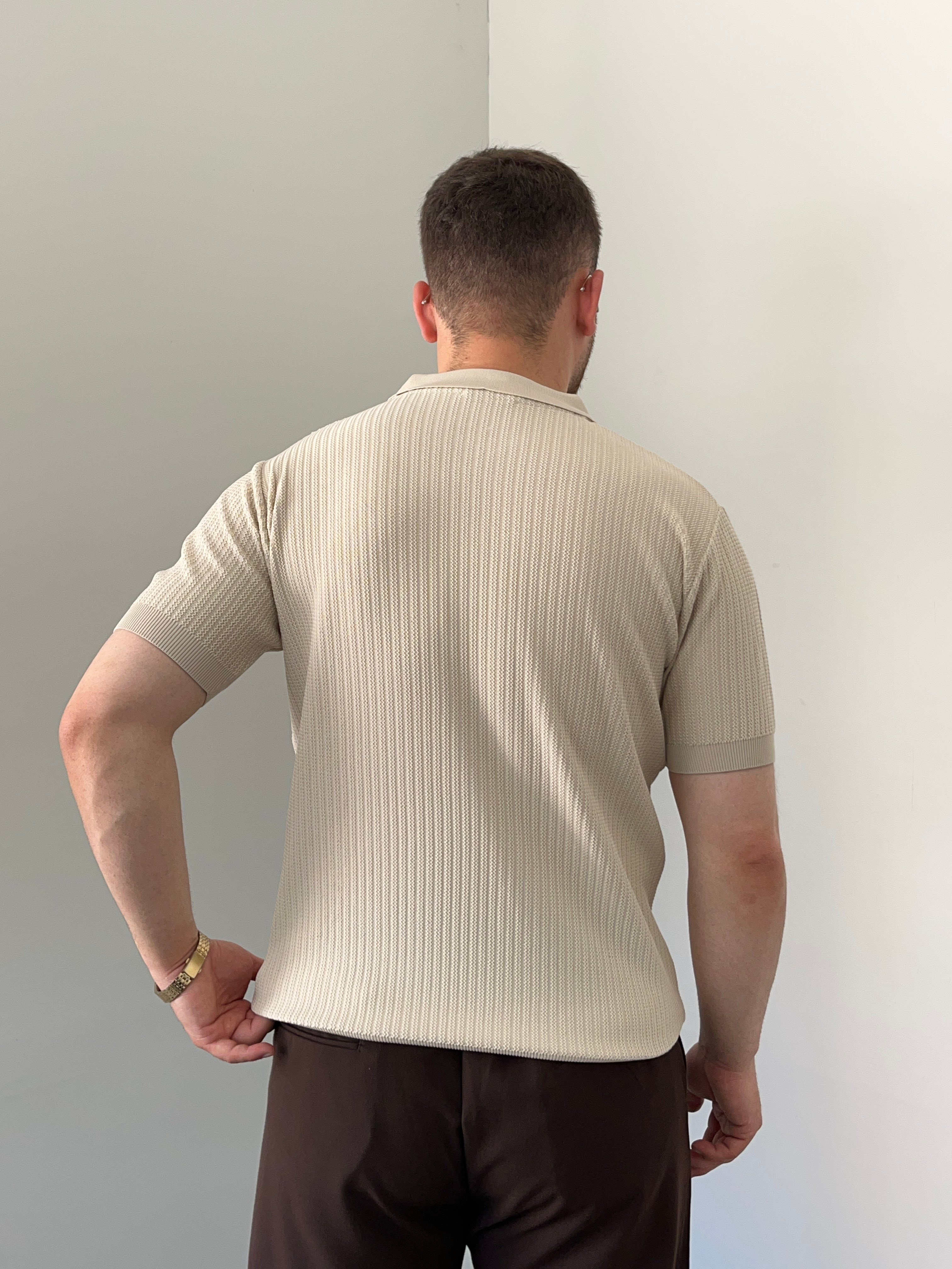 Krem Fermuarlı Triko Polo Tişört 