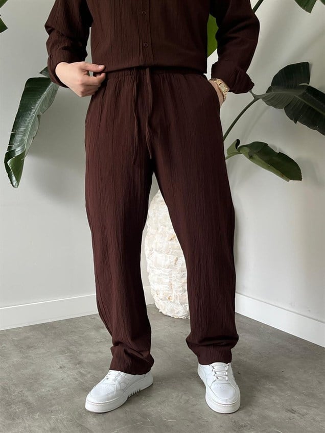 Krinkıl Kumaş Kahverengi Alt Üst Takım