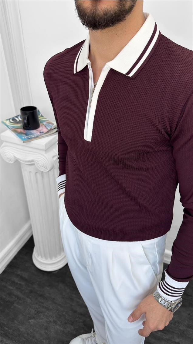 LM Fermuarlı Polo Yaka Triko Bordo
