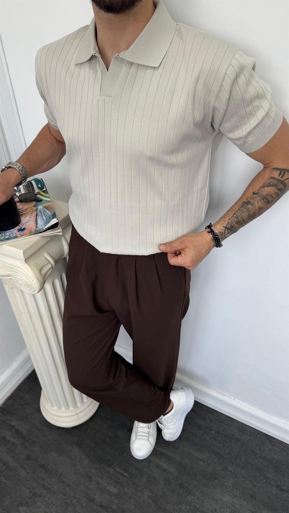 LM Hemşire Yaka Kalın Fitilli Triko Tişört Taş Gri