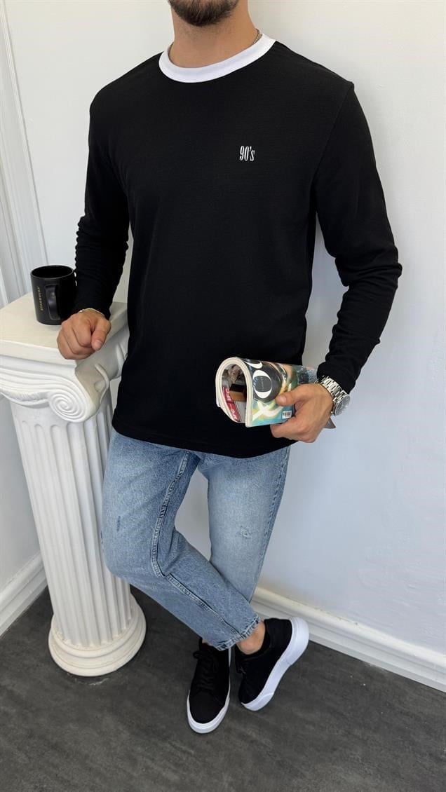 MR 90S Yazılı Bisiklet Yaka Sweatshirt Siyah