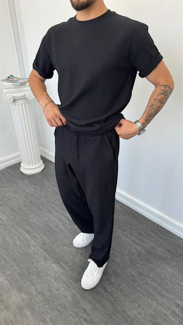 MR Bisiklet Yaka Kalın Fitilli Baggy Takım Siyah
