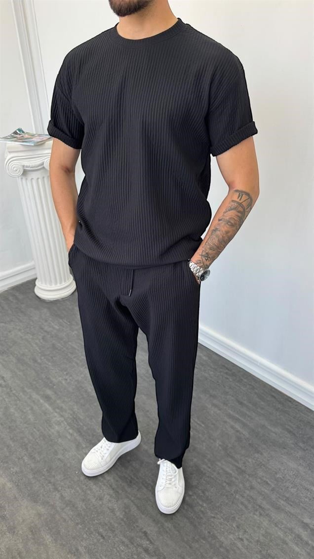 MR Bisiklet Yaka Kalın Fitilli Baggy Takım Siyah