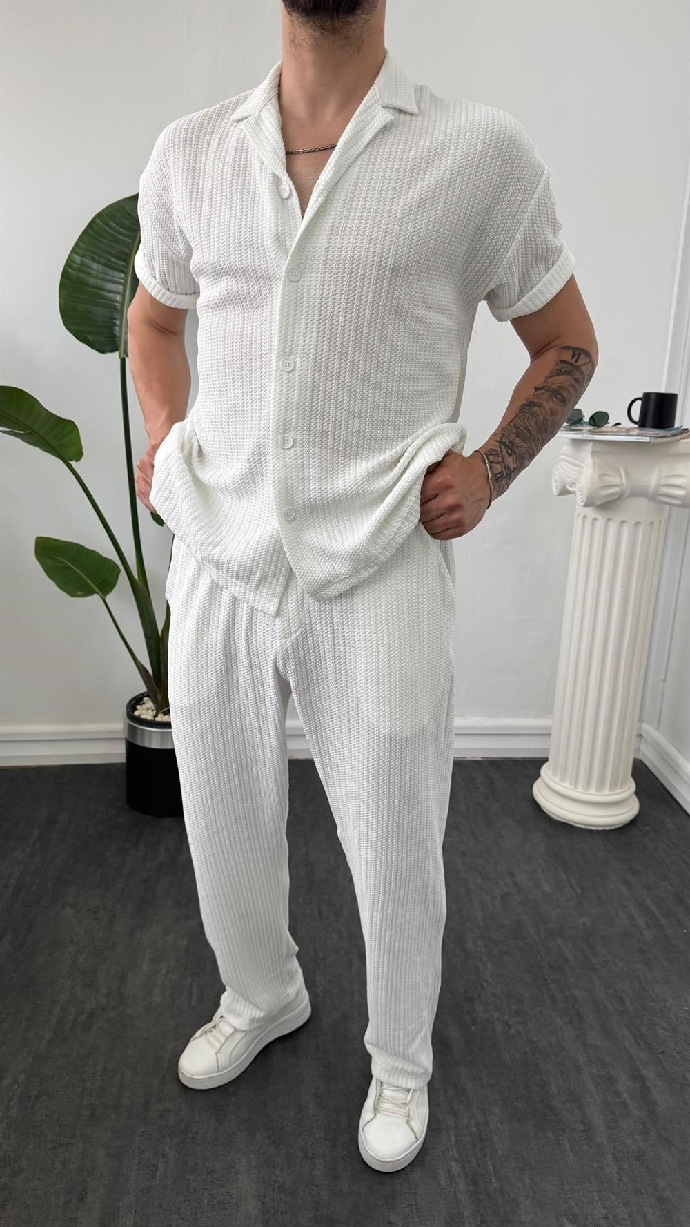 MR Kendinden Desenli Oversize Gömlekli Takım Beyaz