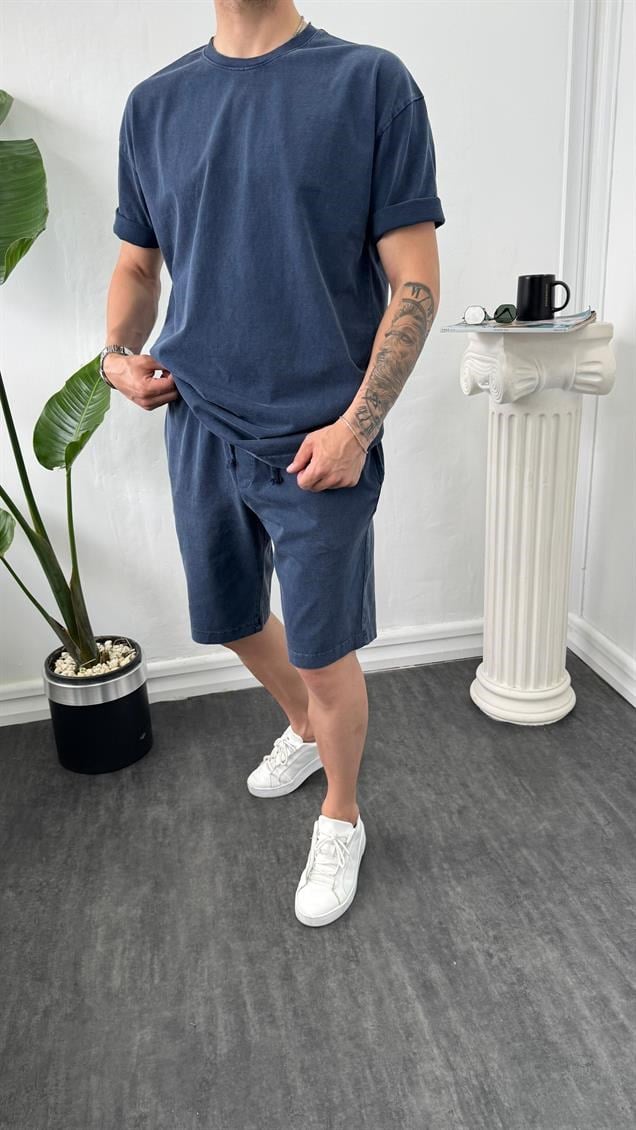 MR Luxury Yıkamalı Şortlu Takım Mavi