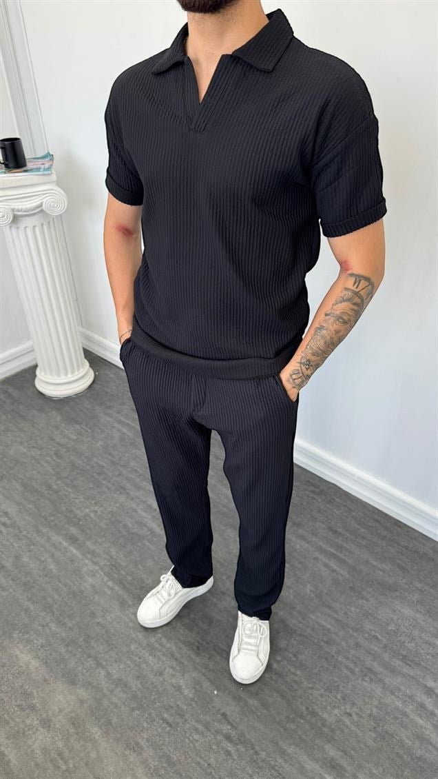 MR Polo Yaka Kalın Fitilli Baggy Takım Siyah