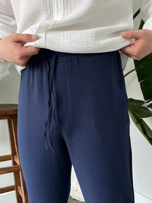Müslim Kumaş Baggy Pantolon İndigo Mavi