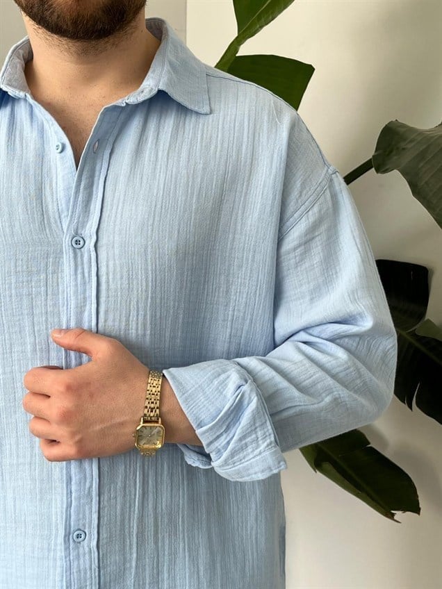 Müslim Kumaş Keten Bebe Mavi Gömlek