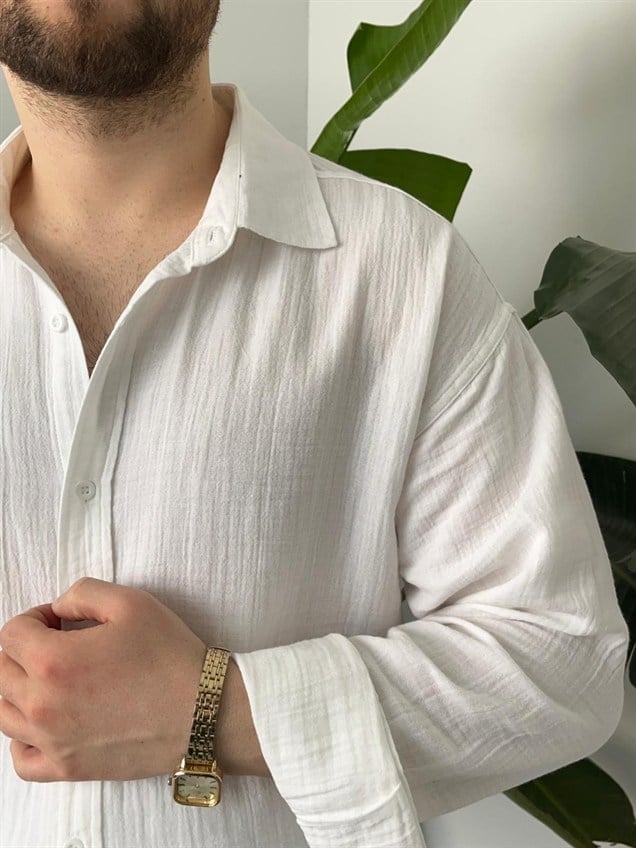 Müslim Kumaş Keten Beyaz Gömlek