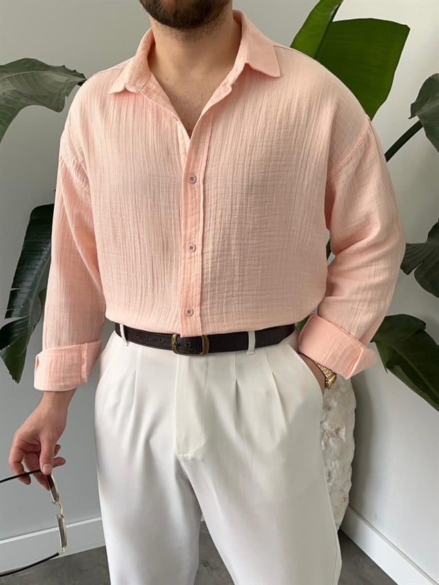 Müslim Kumaş Keten Pembe Gömlek