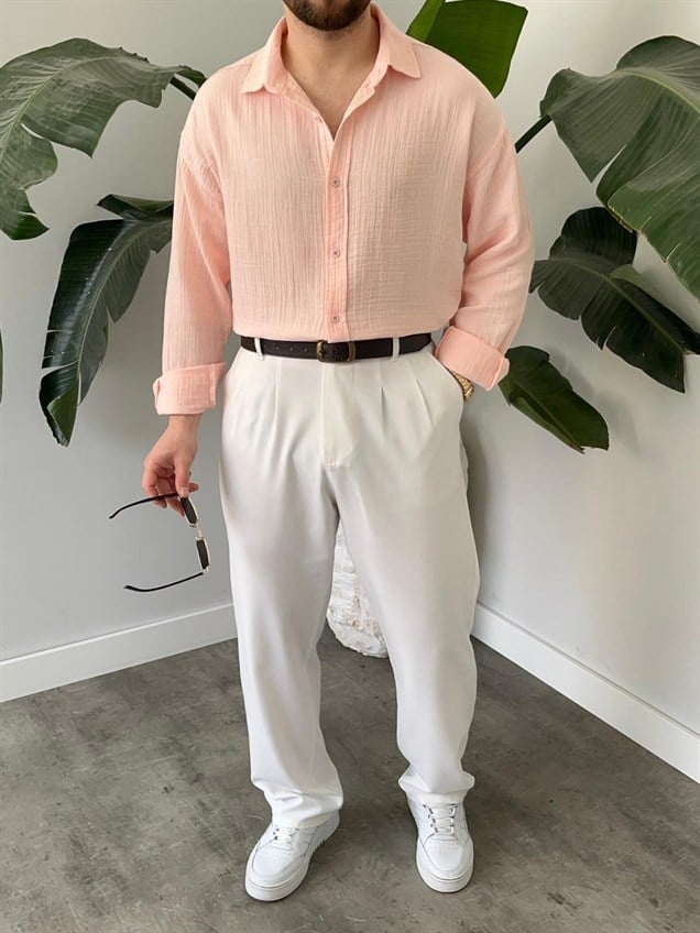 Müslim Kumaş Keten Pembe Gömlek