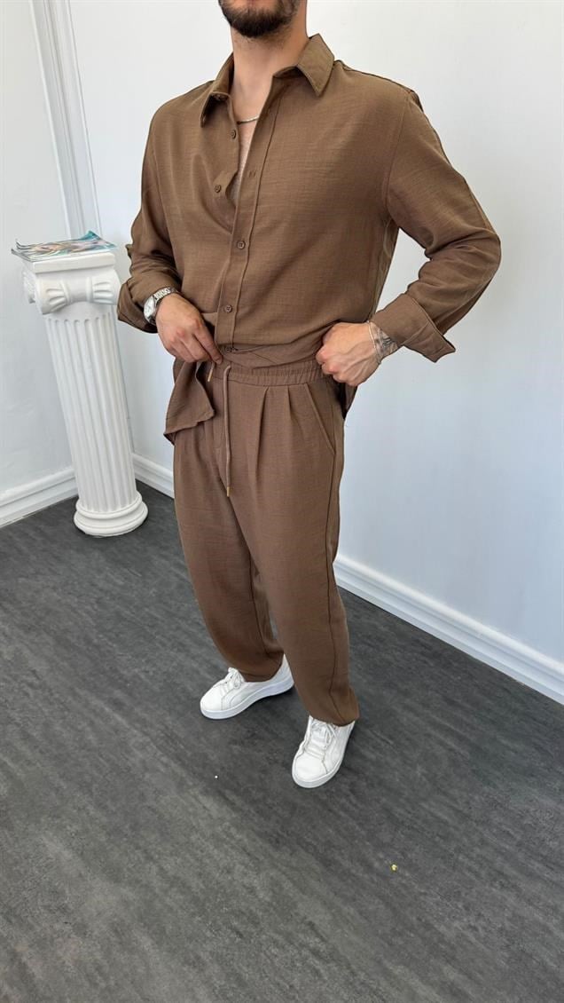 Oversize Gömlekli Keten Takım Kahverengi