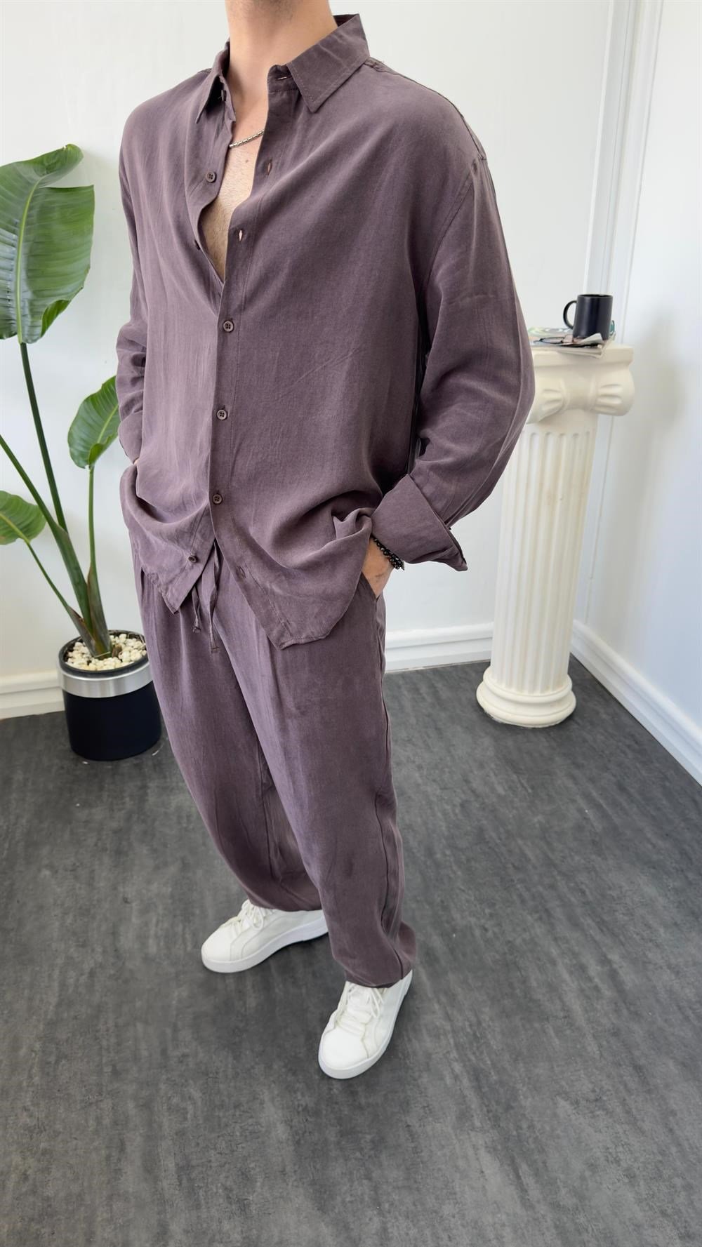 Oversize Tensel Gömlekli Takım Kahverengi