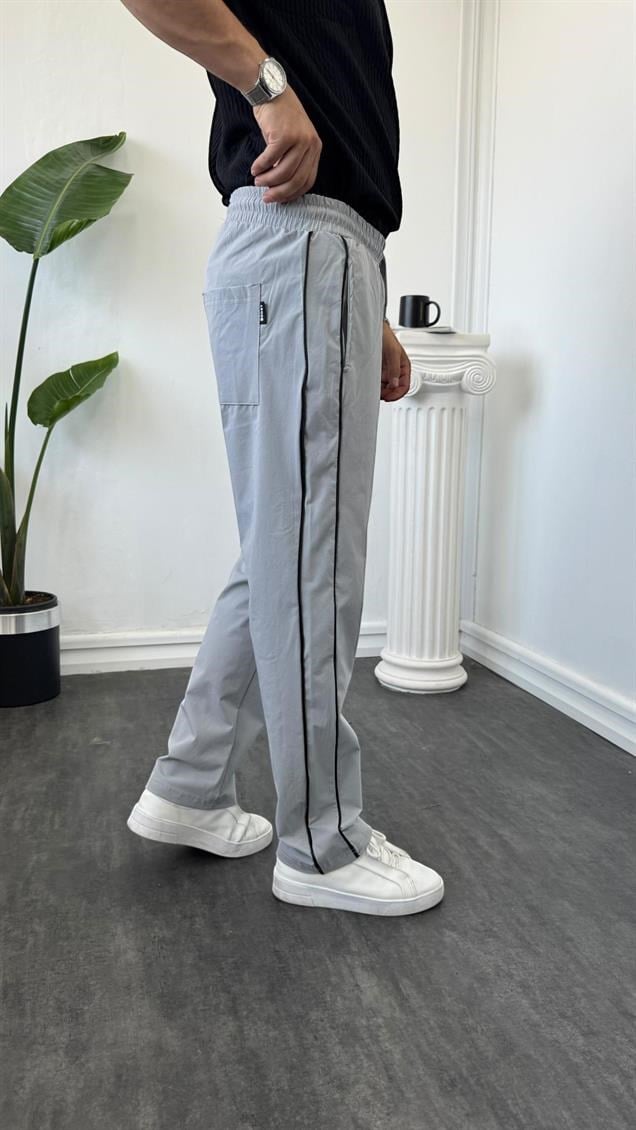 Paraşüt Kumaş Şerit Detaylı Baggy Eşofman Gri