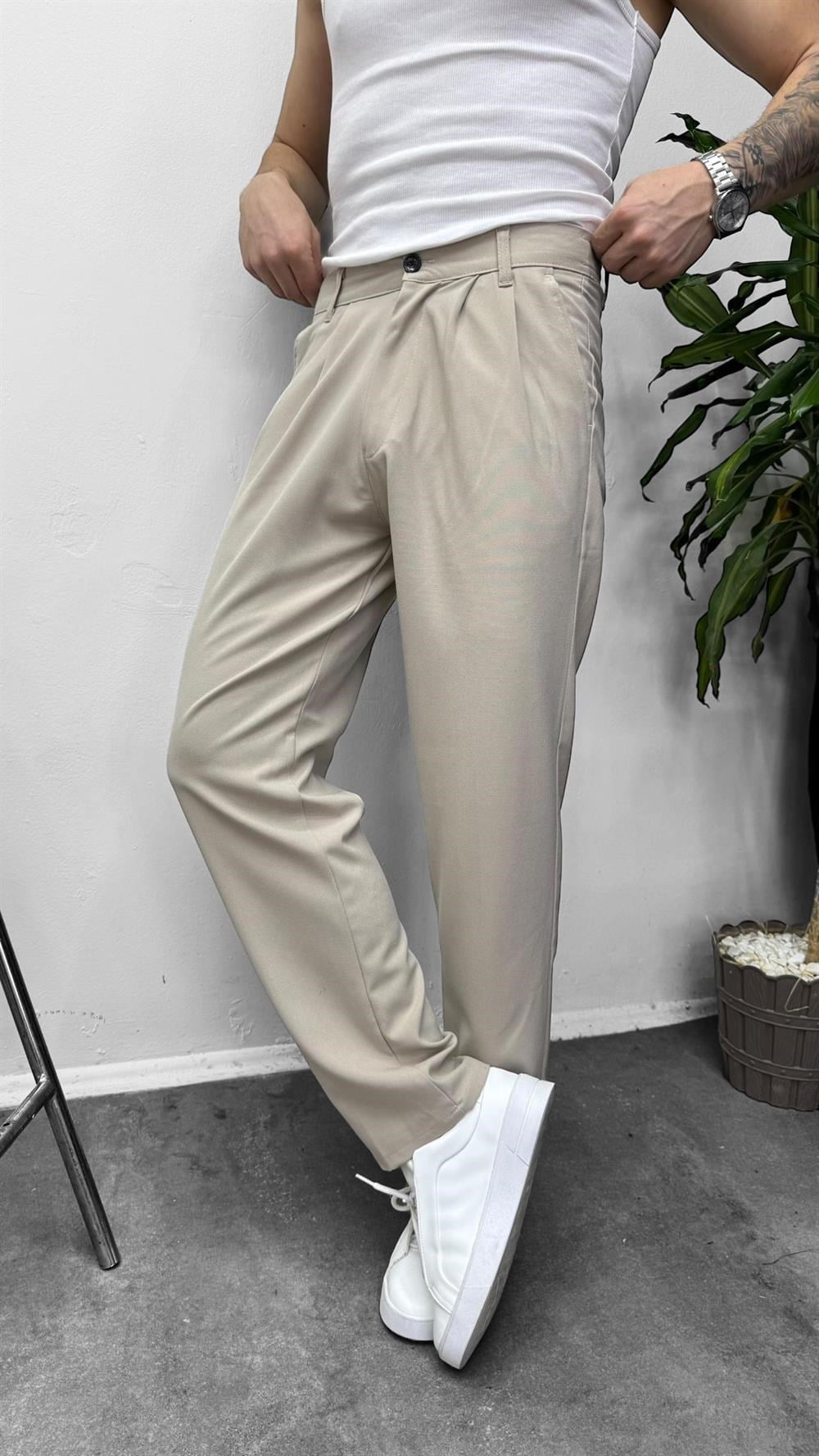 Pileli Baggy Kumaş Pantolon Krem