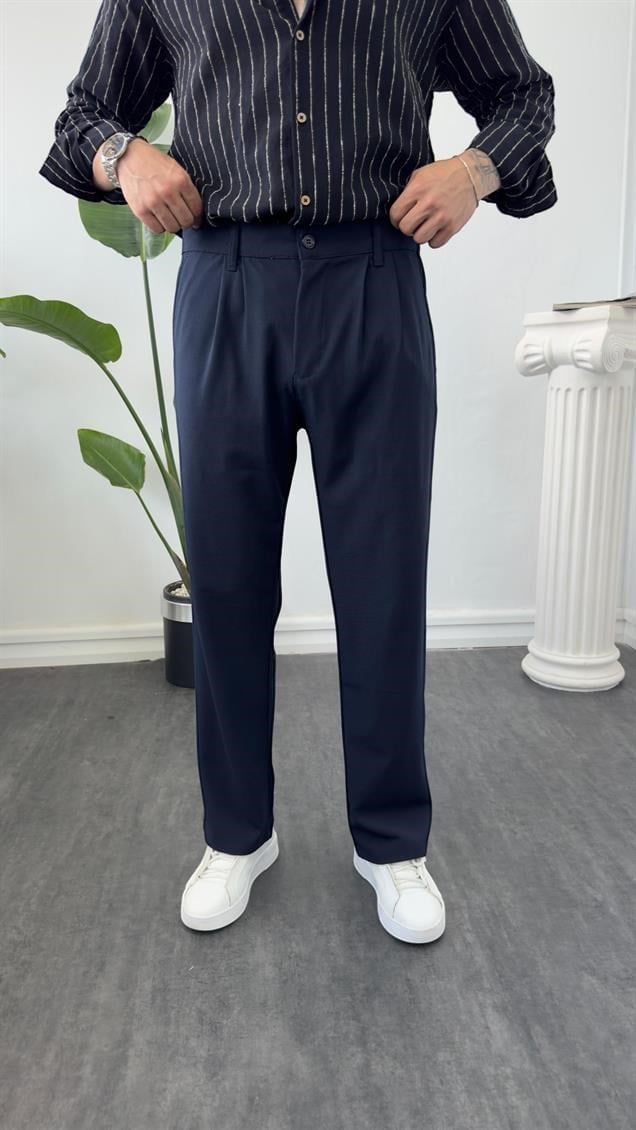 Pileli Baggy Kumaş Pantolon Lacivert