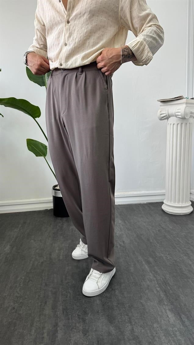 Pileli Baggy Kumaş Pantolon Sütlü Kahve