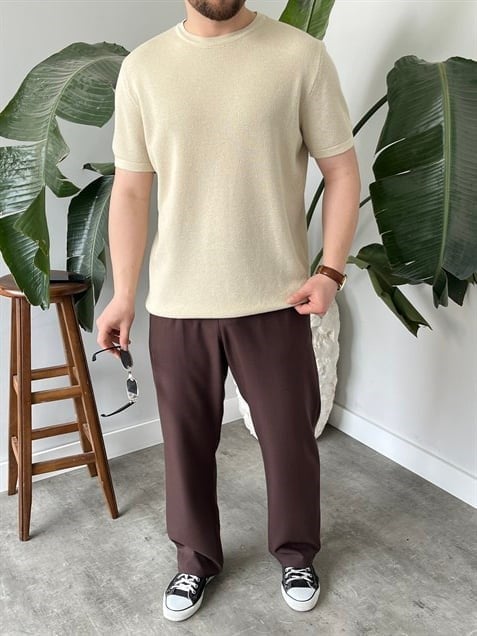 Pirinç Örgülü Basic Triko Krem