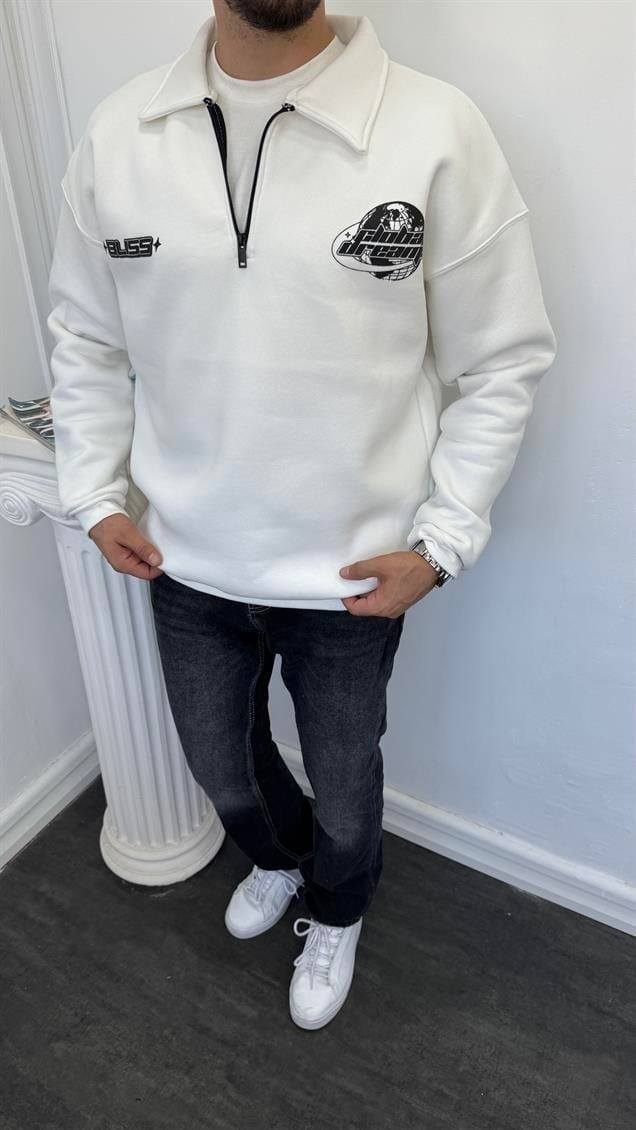 Polo Yaka Fermuarlı Şardonlu Sweatshirt Beyaz